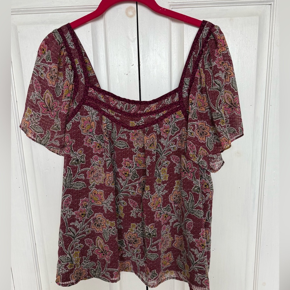LOFT Burgundy Floral Blouse